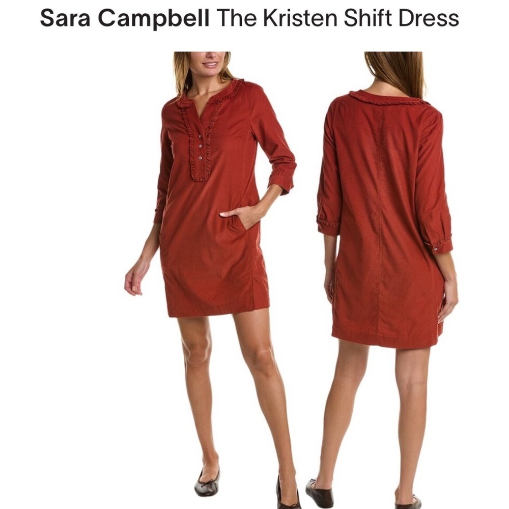 Sara Campbell Kristen Shift Dress Rust Terracotta Corduroy Ruffle Neck Womens S
